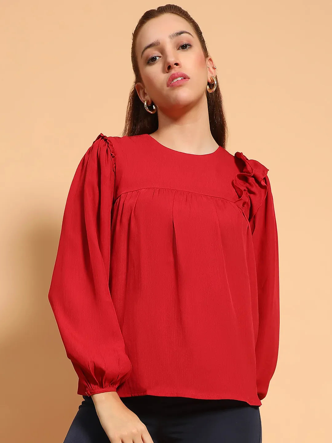 Cherry Red Long Sleeve Embelished Detail  Women Top