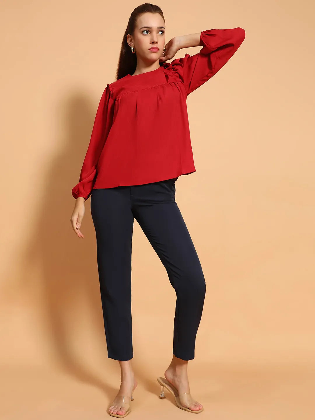 Cherry Red Long Sleeve Embelished Detail  Women Top