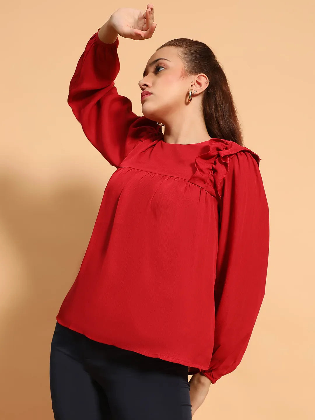 Cherry Red Long Sleeve Embelished Detail  Women Top