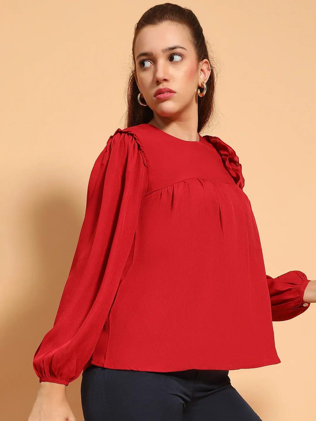 Cherry Red Long Sleeve Embelished Detail  Women Top