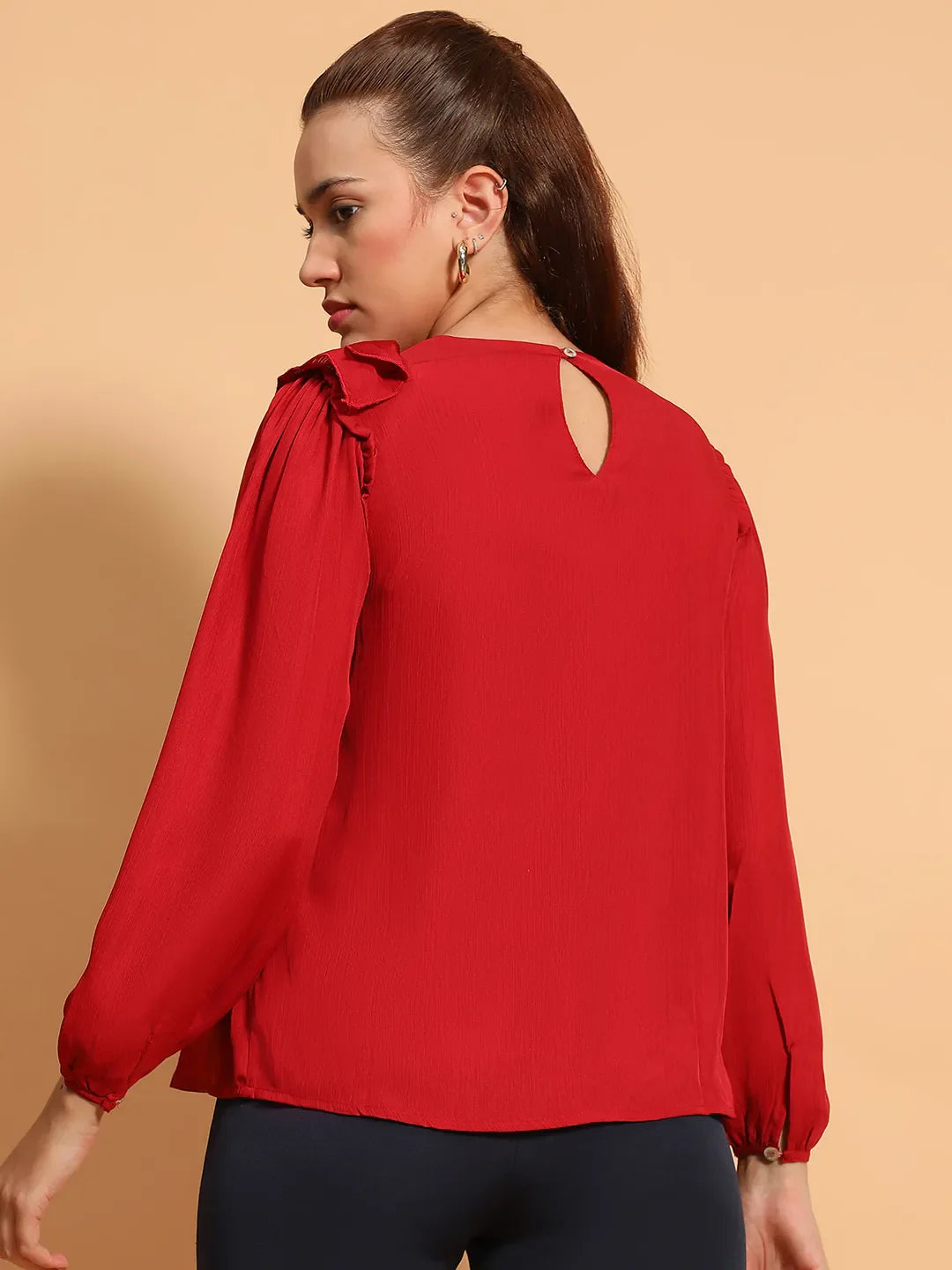 Cherry Red Long Sleeve Embelished Detail  Women Top