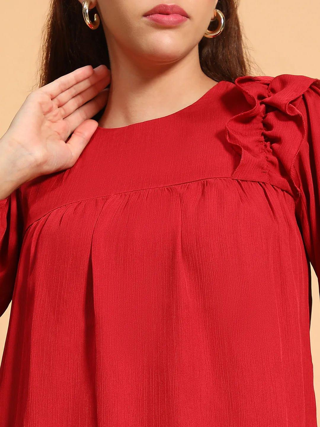 Cherry Red Long Sleeve Embelished Detail  Women Top