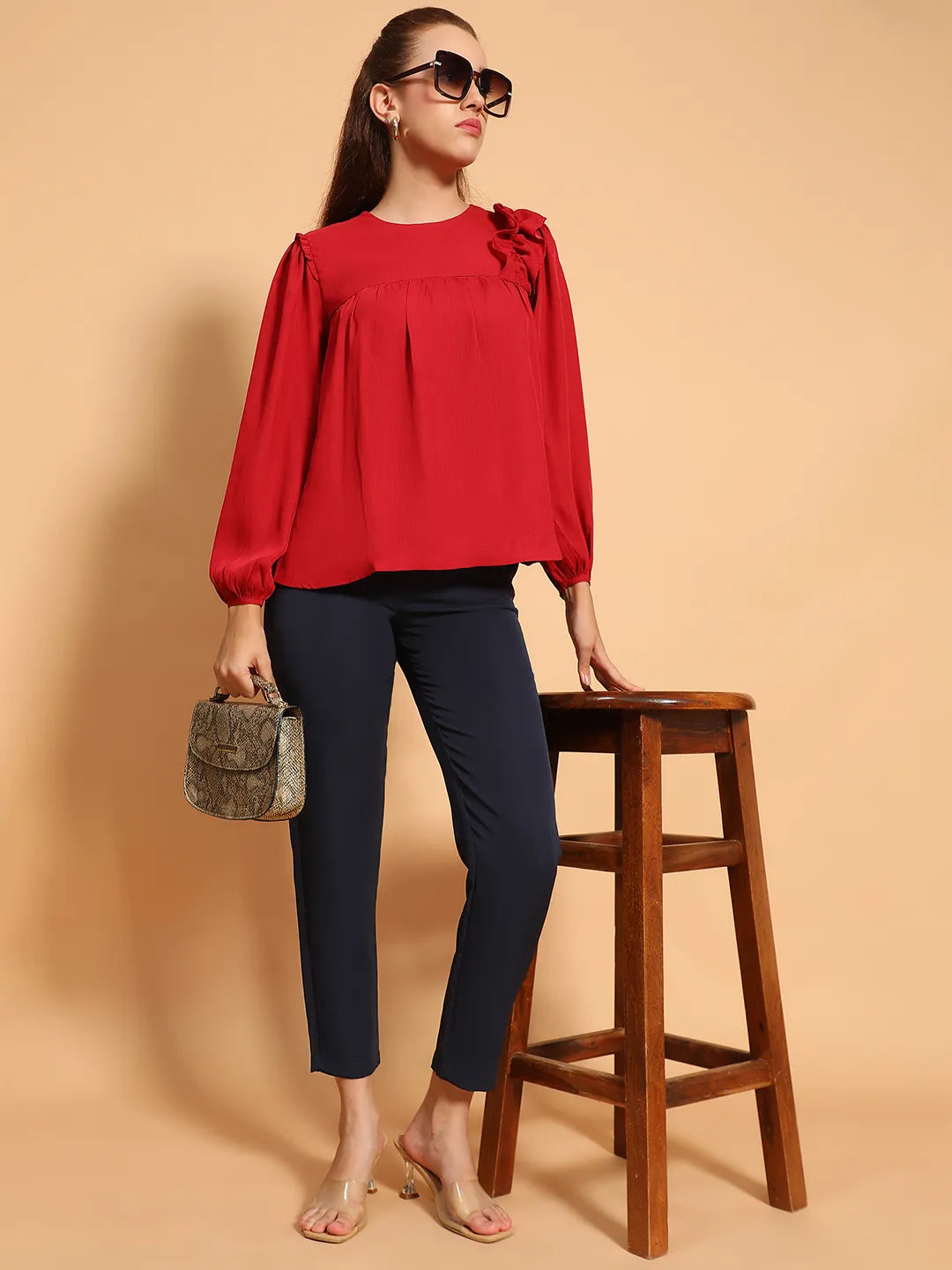 Cherry Red Long Sleeve Embelished Detail  Women Top