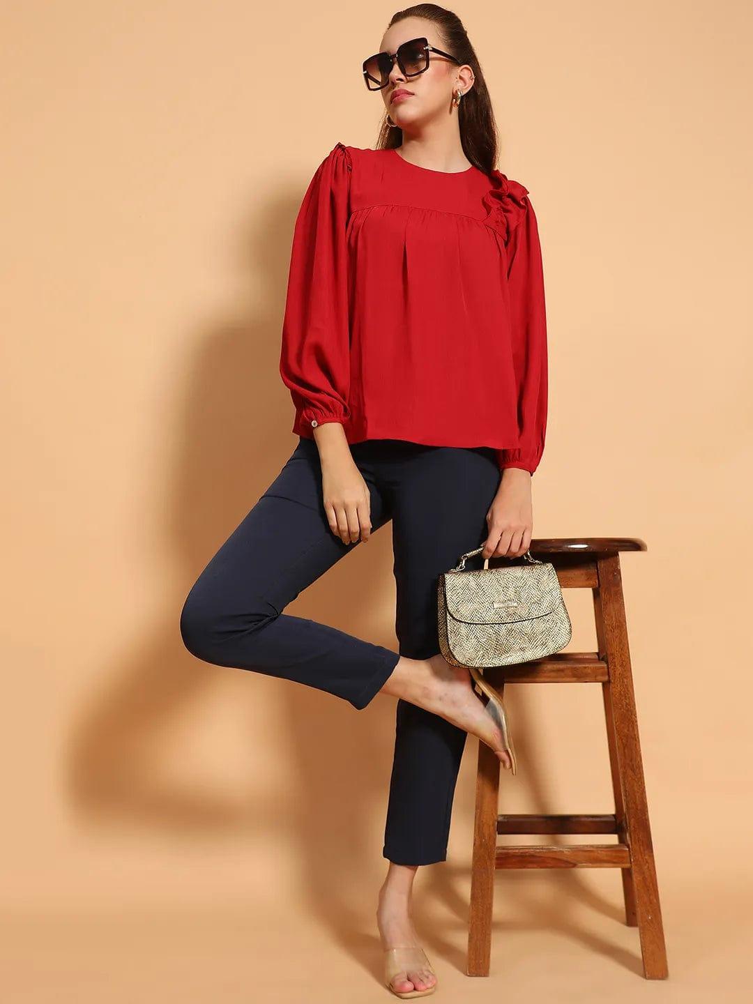 Cherry Red Long Sleeve Embelished Detail  Women Top