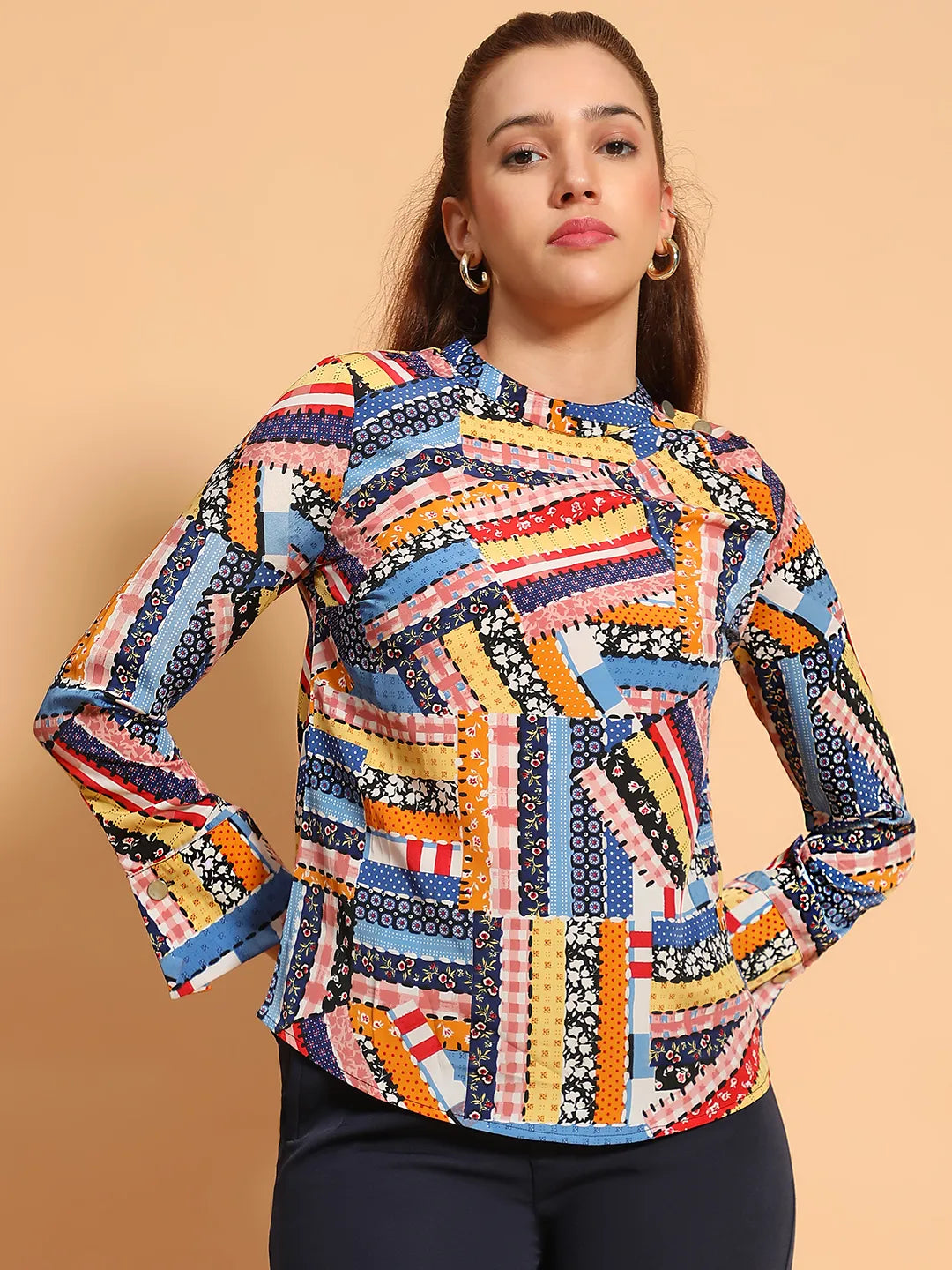 Multicolor Printed Long Sleeve Women Casual Top