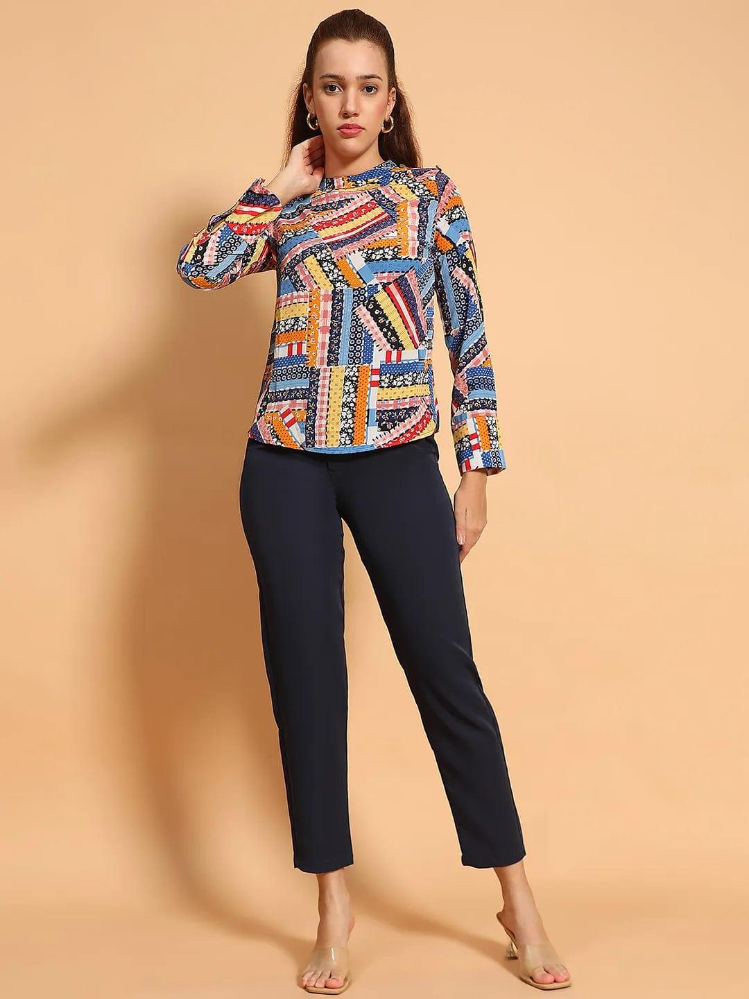 Multicolor Printed Long Sleeve Women Casual Top