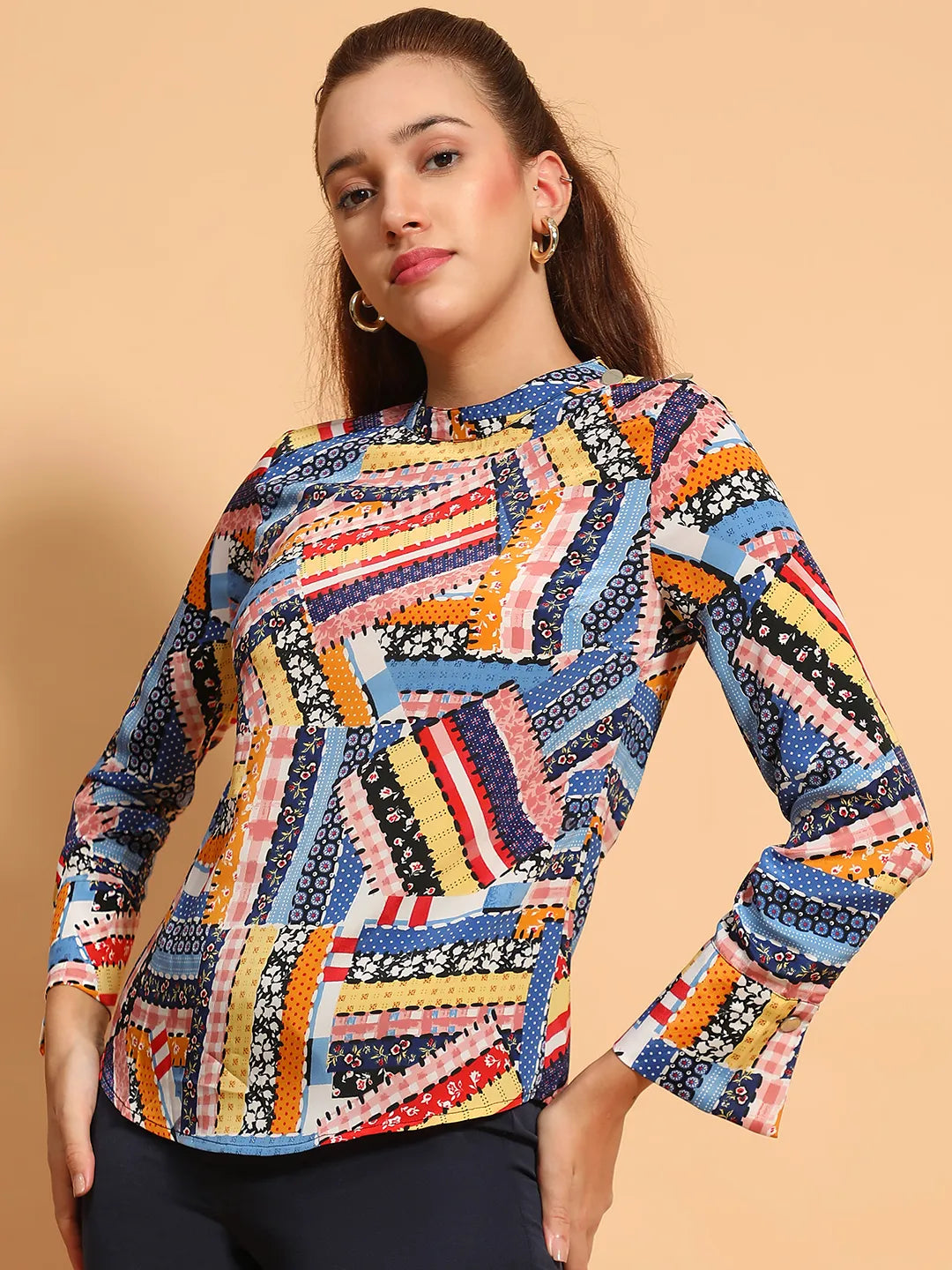 Multicolor Printed Long Sleeve Women Casual Top