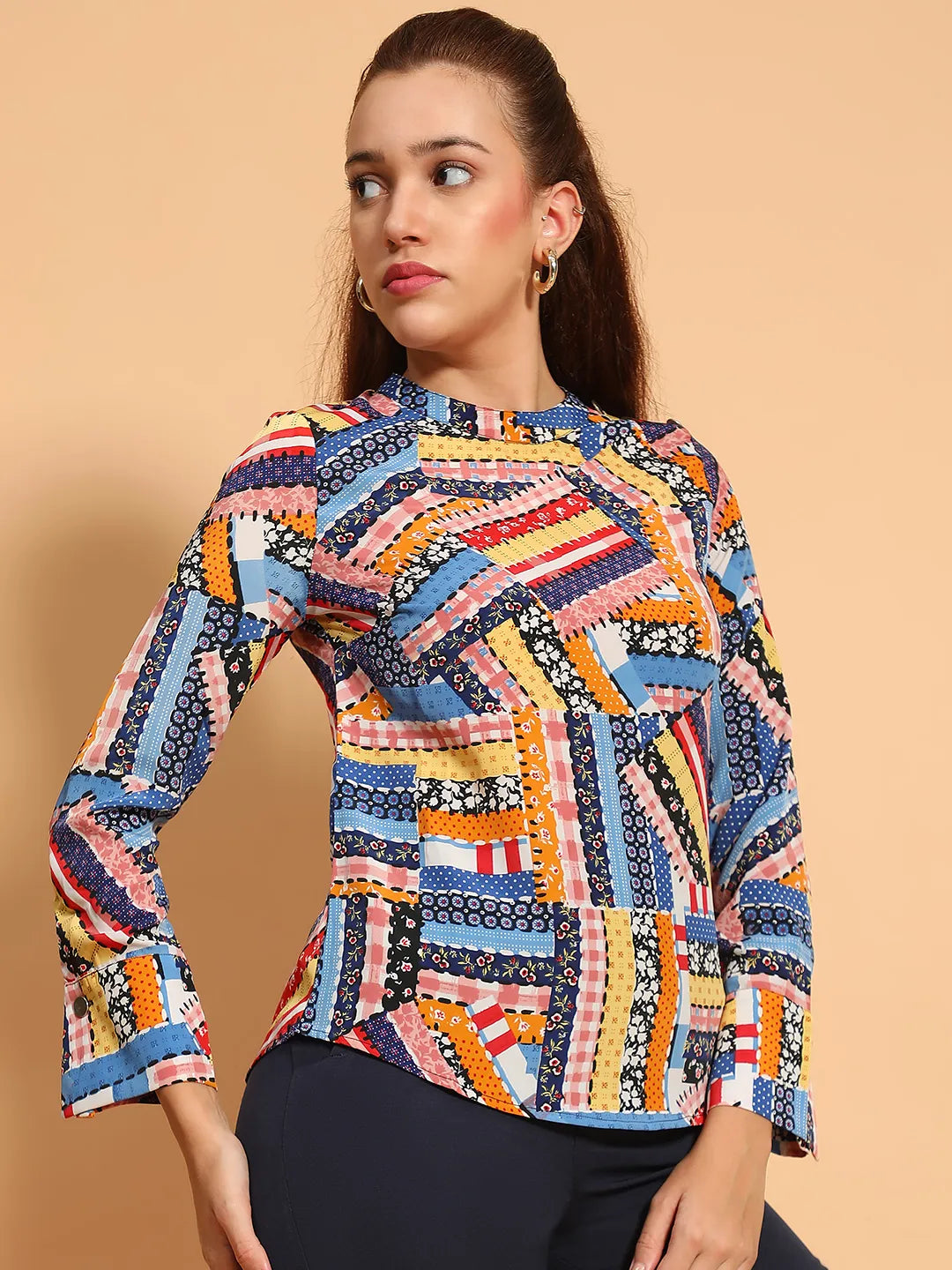 Multicolor Printed Long Sleeve Women Casual Top