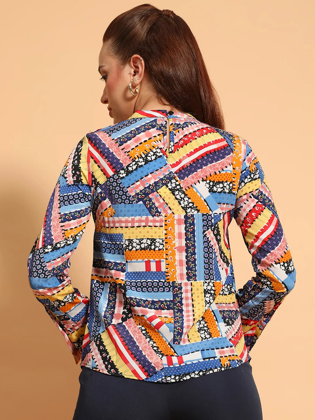 Multicolor Printed Long Sleeve Women Casual Top