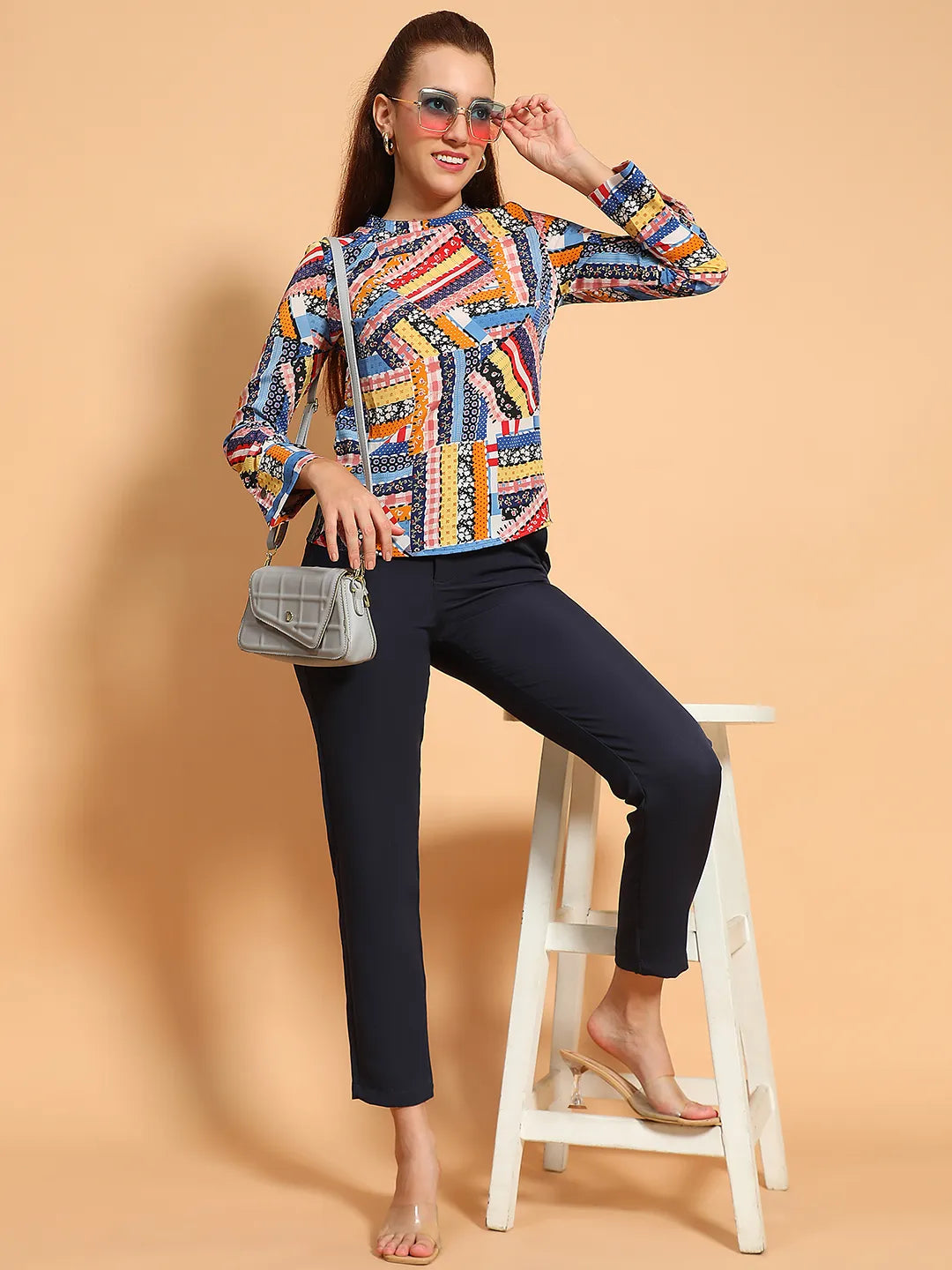 Multicolor Printed Long Sleeve Women Casual Top