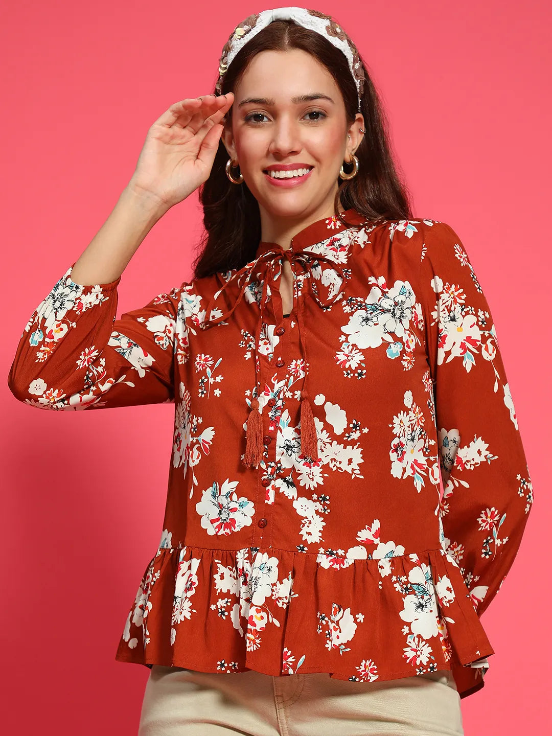 Elite Rust Long Sleeve Floral Print Long Sleeve Women Top