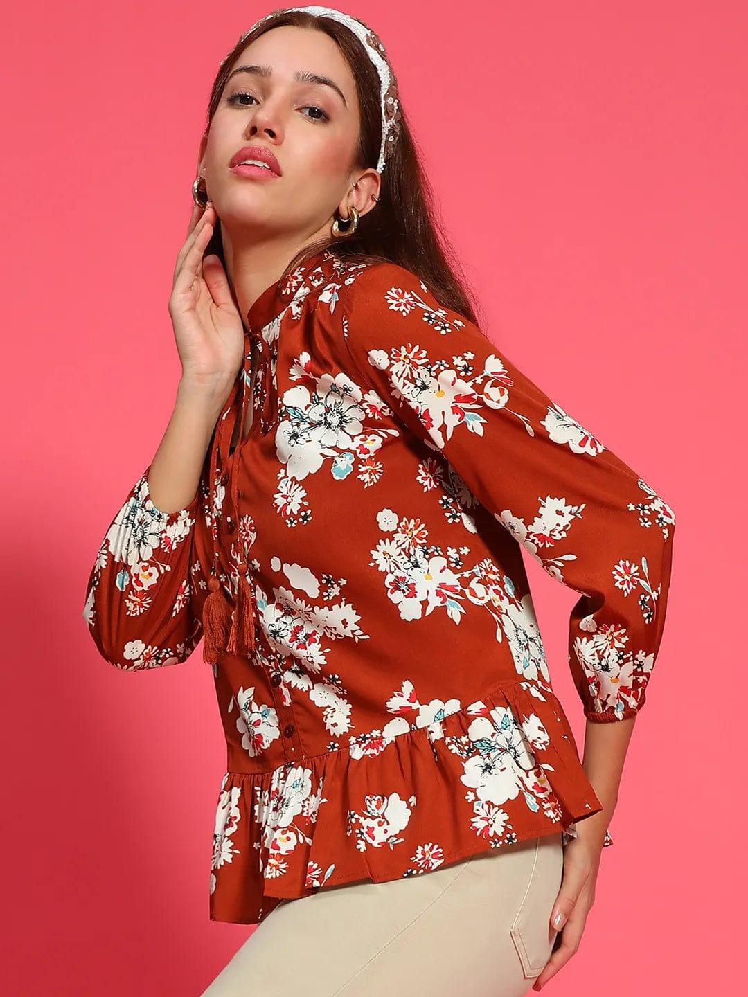 Elite Rust Long Sleeve Floral Print Long Sleeve Women Top