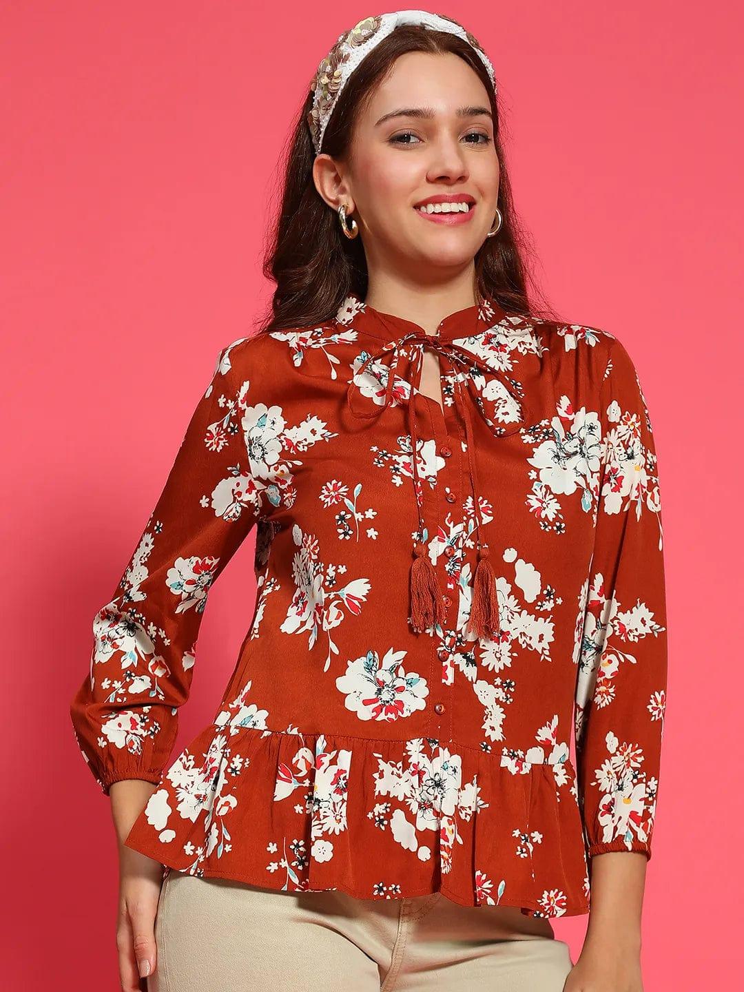 Elite Rust Long Sleeve Floral Print Long Sleeve Women Top