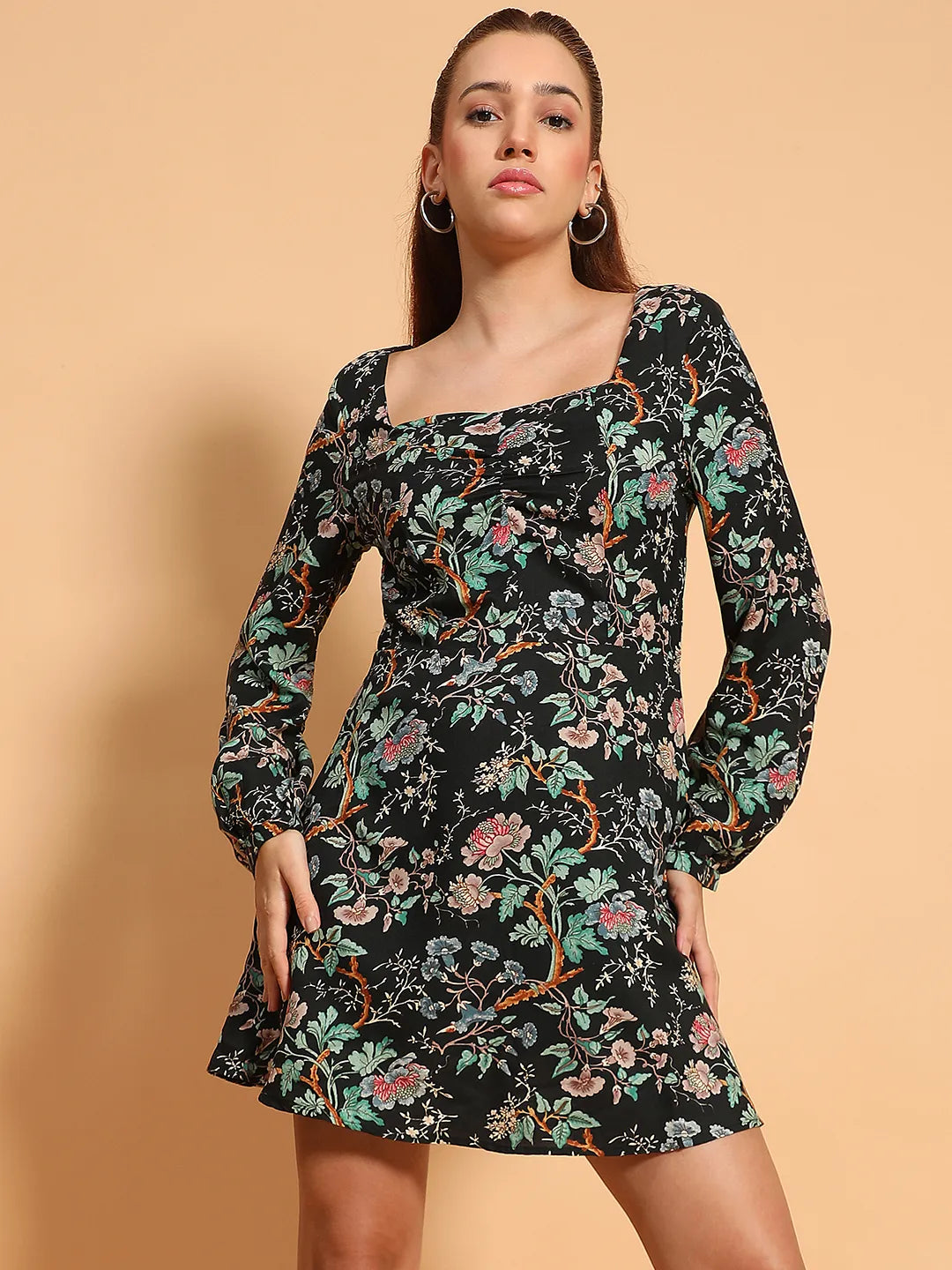 Beauty Black Floral Print Long Sleeve Above Knee Length  Women Dress