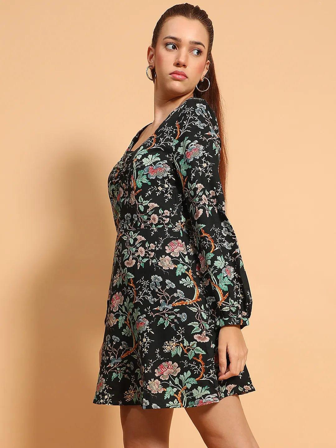 Beauty Black Floral Print Long Sleeve Above Knee Length Women Dress