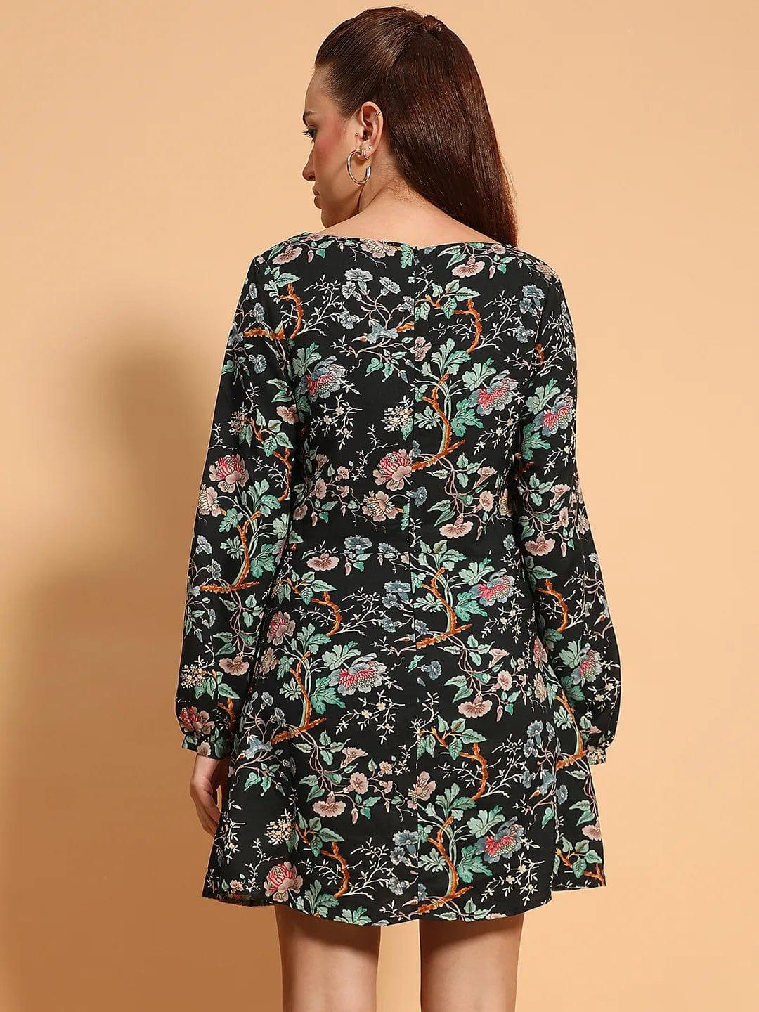 Beauty Black Floral Print Long Sleeve Above Knee Length Women Dress