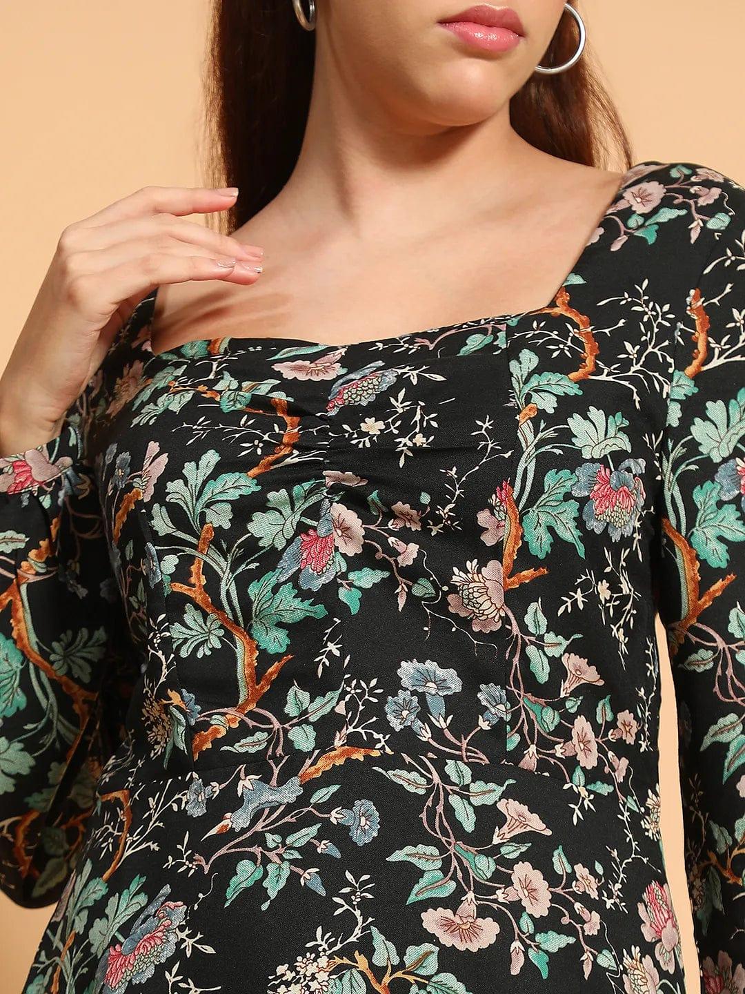 Beauty Black Floral Print Long Sleeve Above Knee Length Women Dress