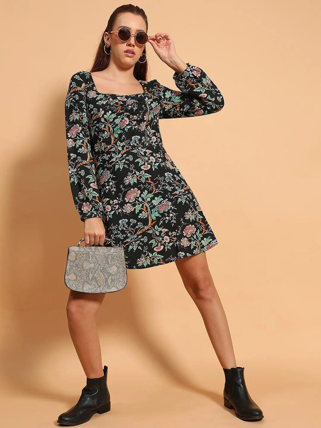 Beauty Black Floral Print Long Sleeve Above Knee Length Women Dress