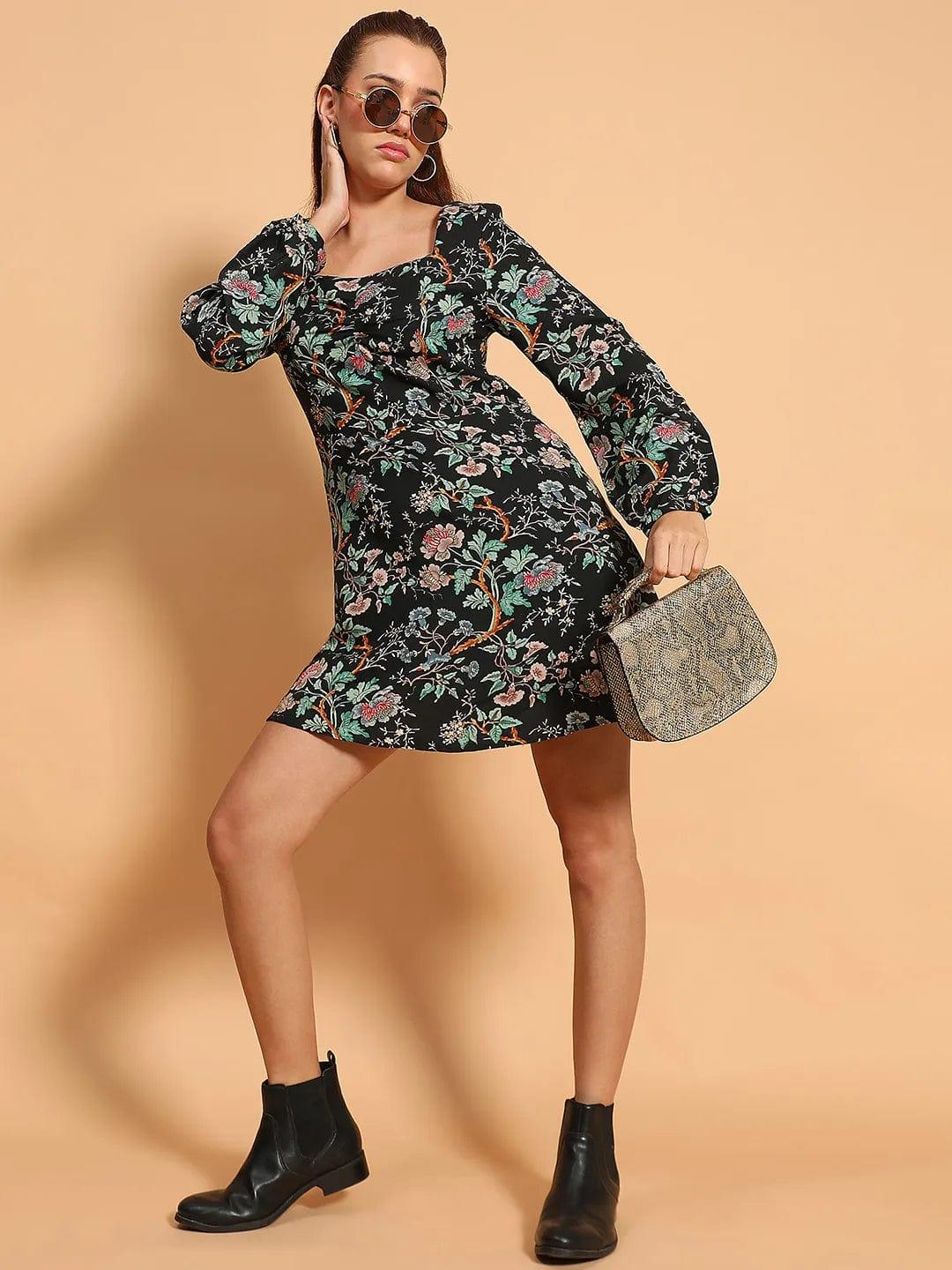 Beauty Black Floral Print Long Sleeve Above Knee Length Women Dress