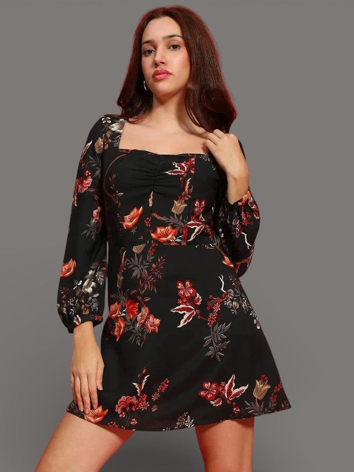 Black Floral Dress - Women's Casual Long Sleeve Above Knee Viscose Dress
