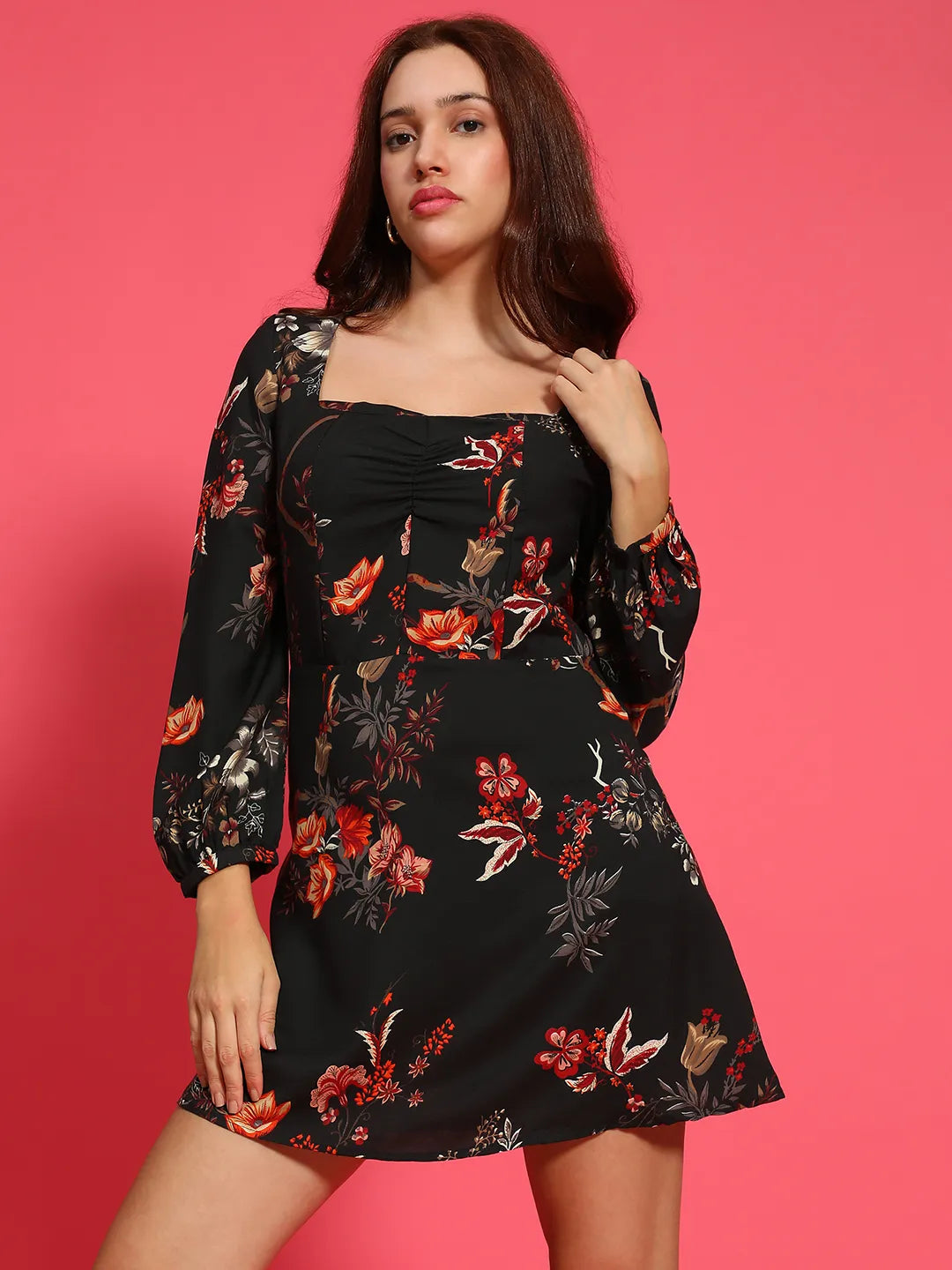 Black Floral Print Long Sleeve Above Knee Length Women Dress