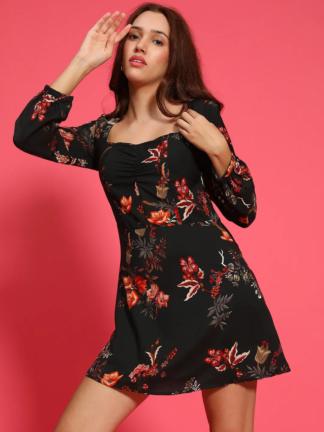 Black Floral Print Long Sleeve Above Knee Length Women Dress