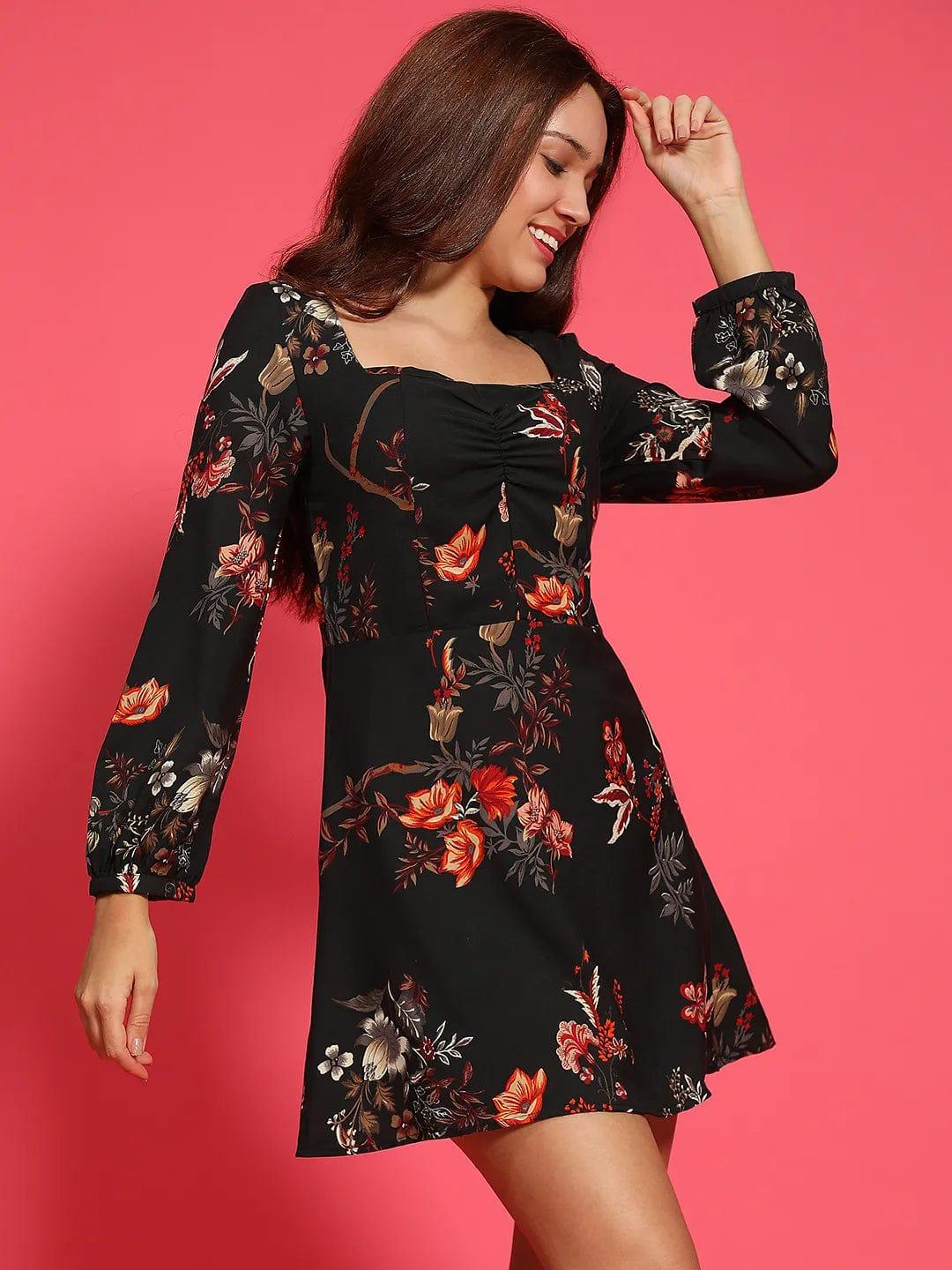 Black Floral Print Long Sleeve Above Knee Length Women Dress