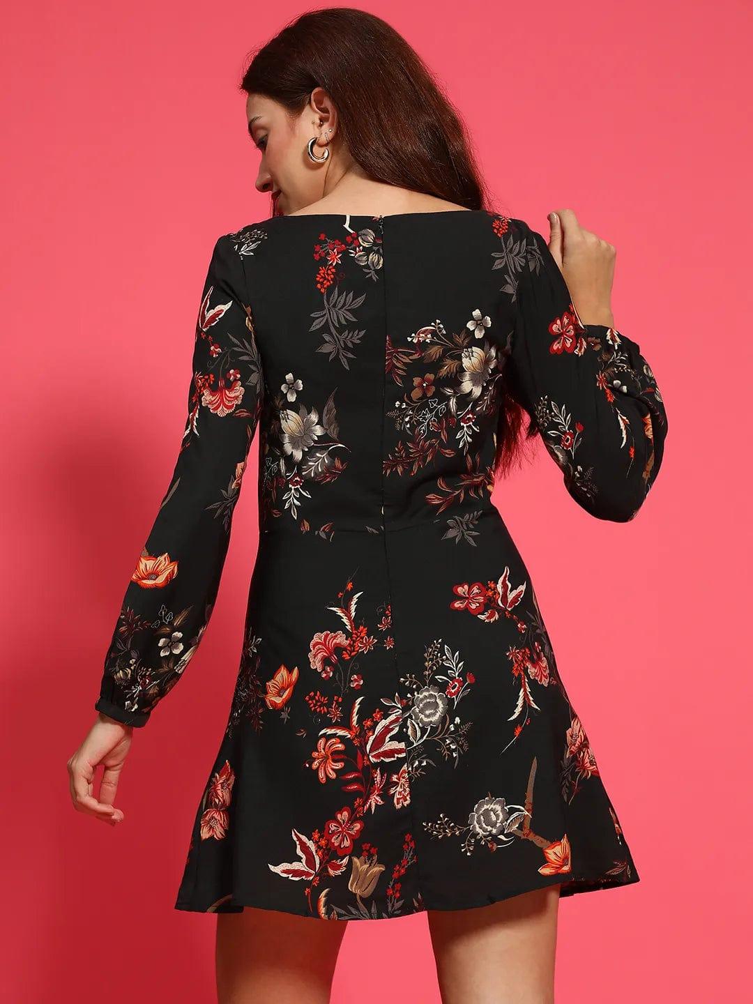 Black Floral Print Long Sleeve Above Knee Length Women Dress