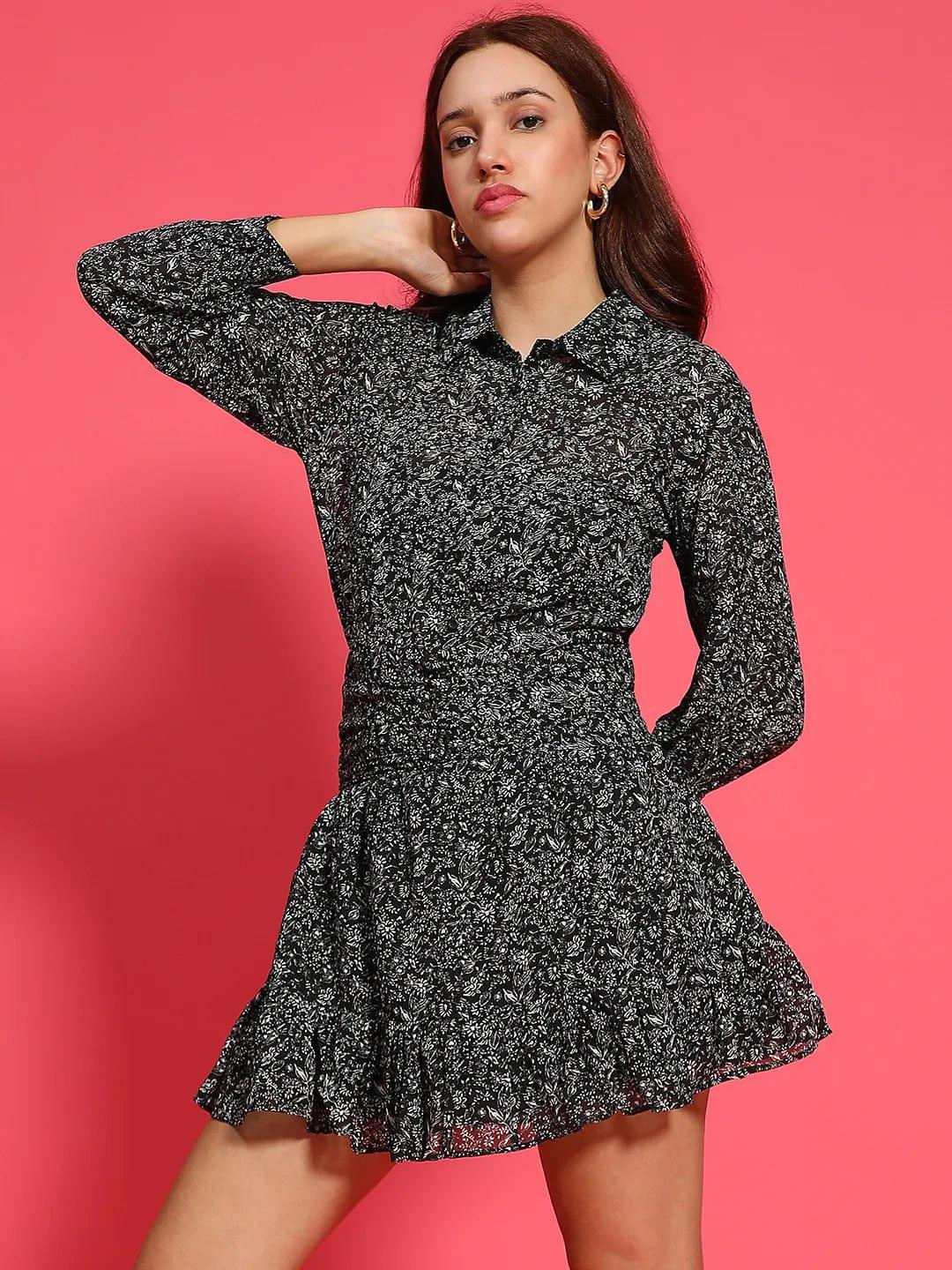 Black Floral Print Button Down Collared Long Sleeve Women Dress with Front Gather Pleates