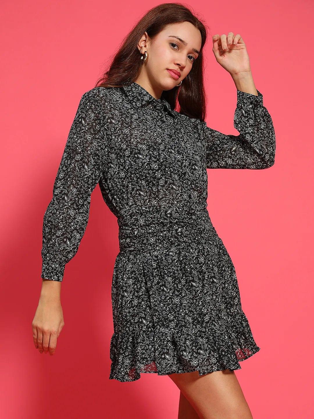 Black Floral Print Button Down Collared Long Sleeve Women Dress with Front Gather Pleates