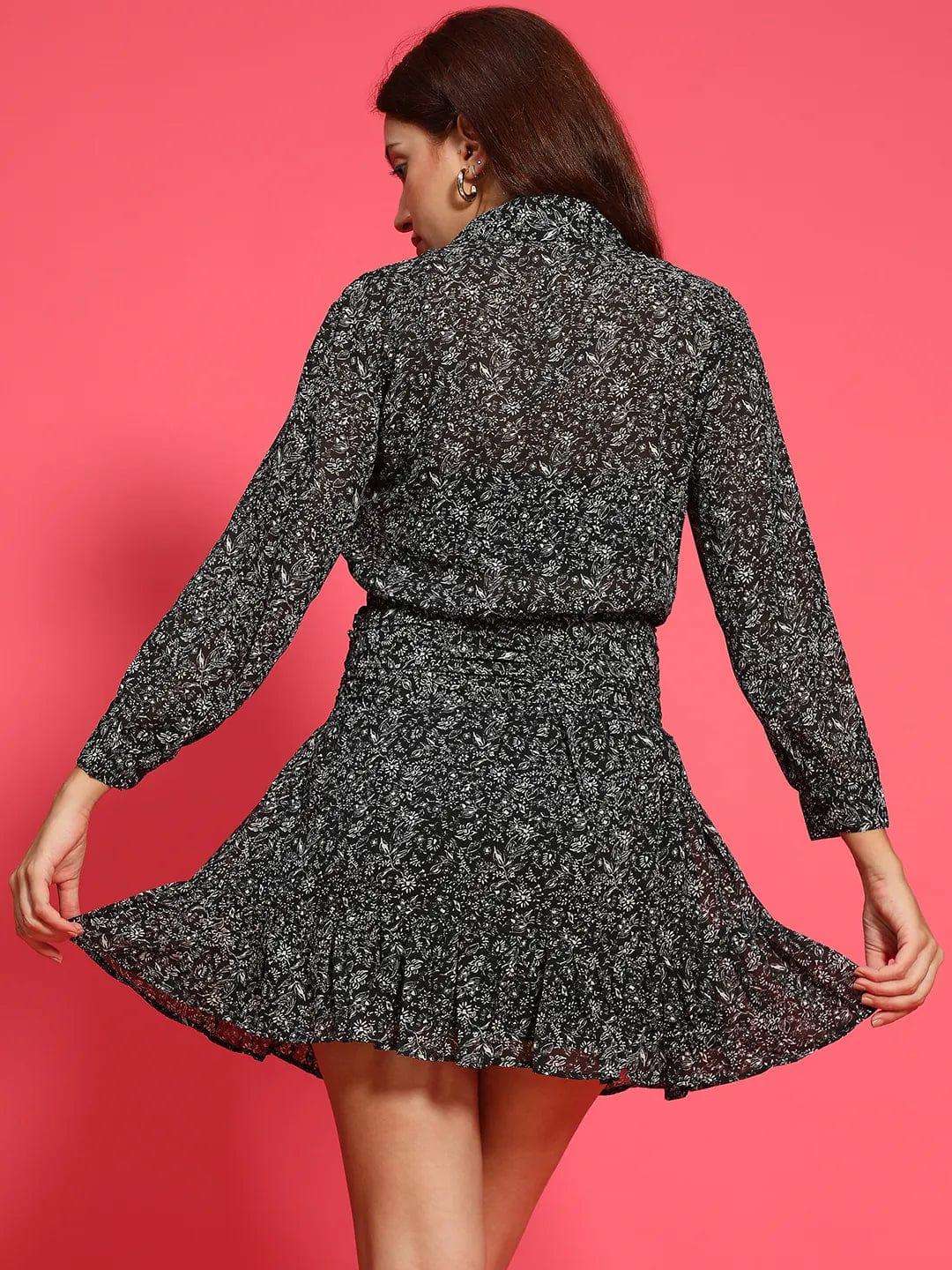 Black Floral Print Button Down Collared Long Sleeve Women Dress with Front Gather Pleates