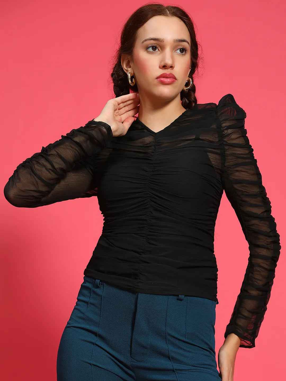 Excited Black Long Sleeve Gather Pleated Semi Sheer  WomenTop