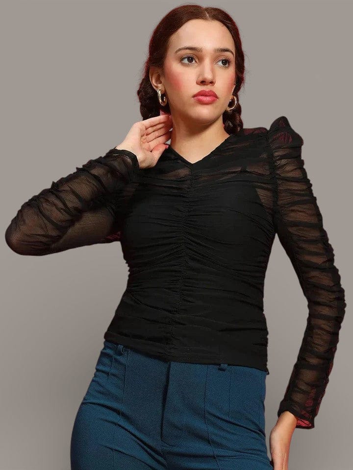 Black Long Sleeve Top - Women's Pleated Semi Sheer Casual Crop Shirt