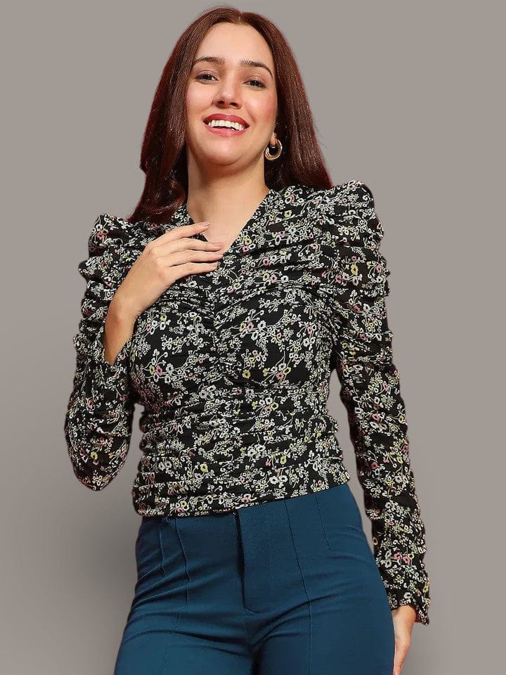 Black Long Sleeve Top - Women's Pleated Gathered Sleeve Blouse, Polyester Casual Wear