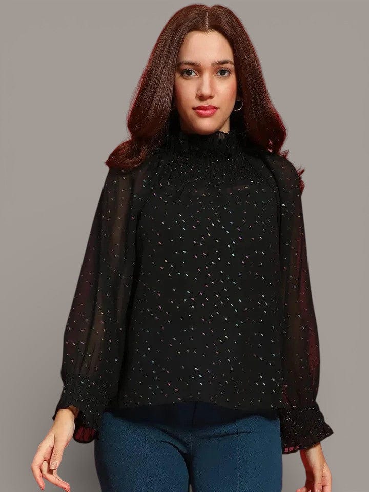 Semi Sheer Women Top - Black Long Sleeve Foil Print Polyester Shirt
