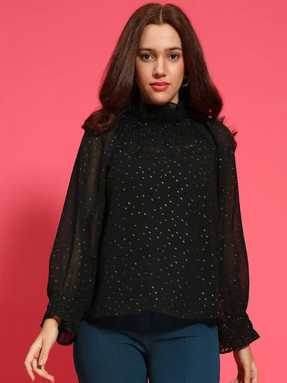 Gleaming Black Long Sleeve Semi Sheer Women Top