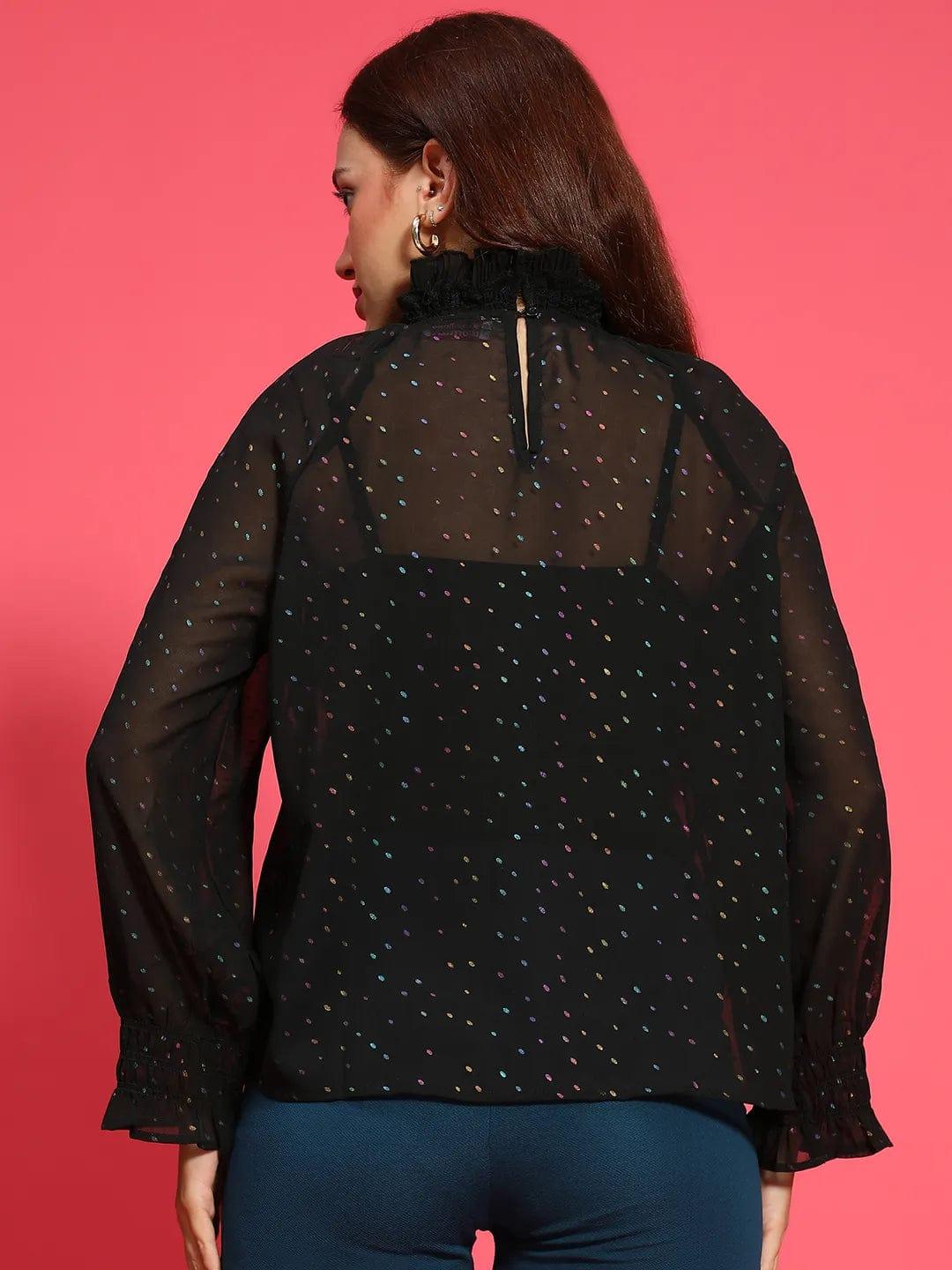 Gleaming Black Long Sleeve Semi Sheer Women Top