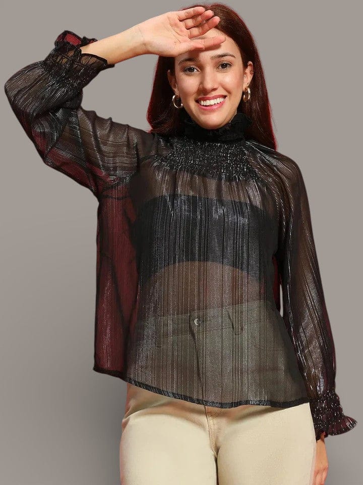 Black Sheer Women Top - Long Sleeve Semi Sheer Foil Print Polyester Blouse