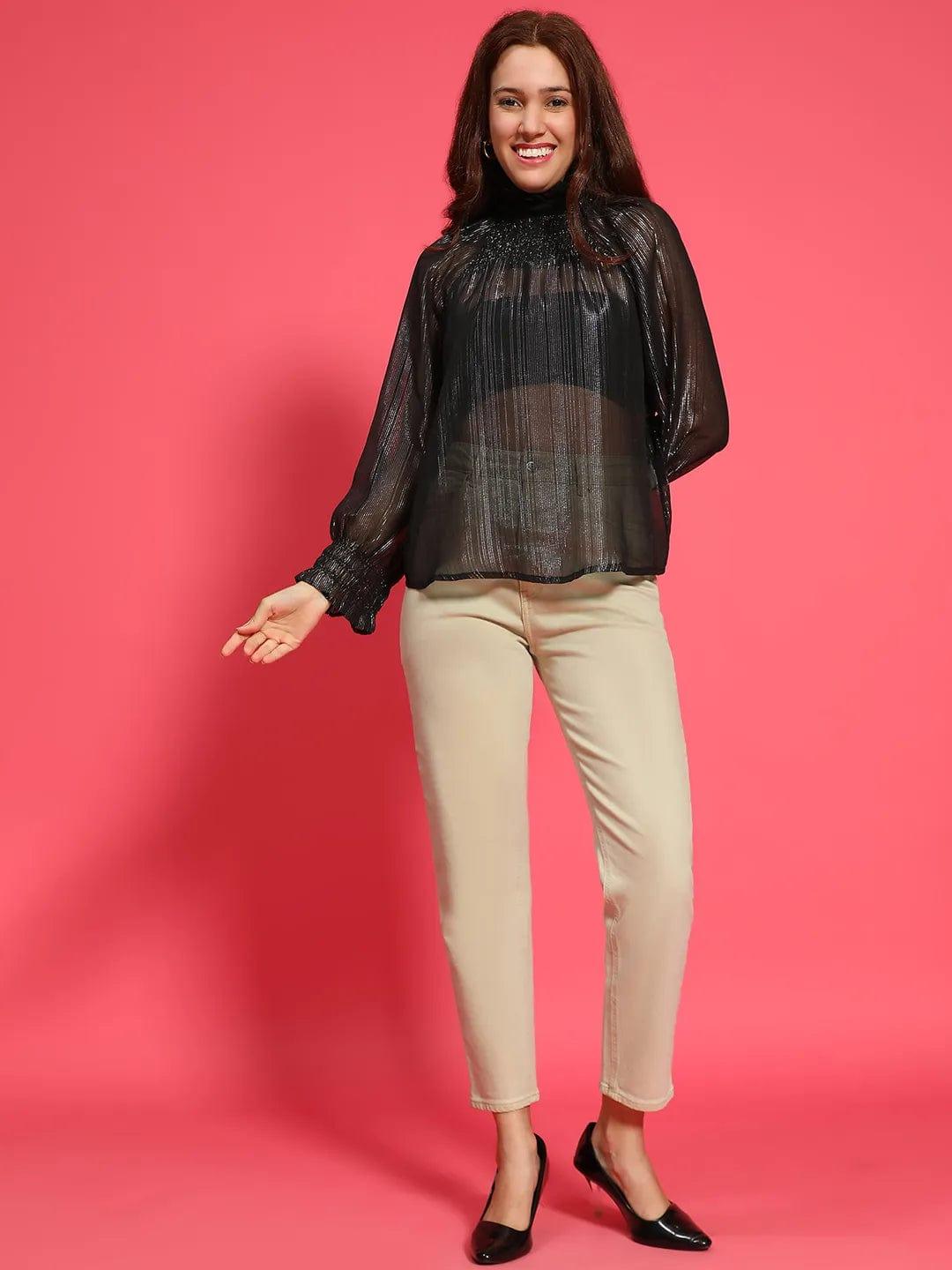 Artful Black Long Sleeve Semi Sheer Women Top