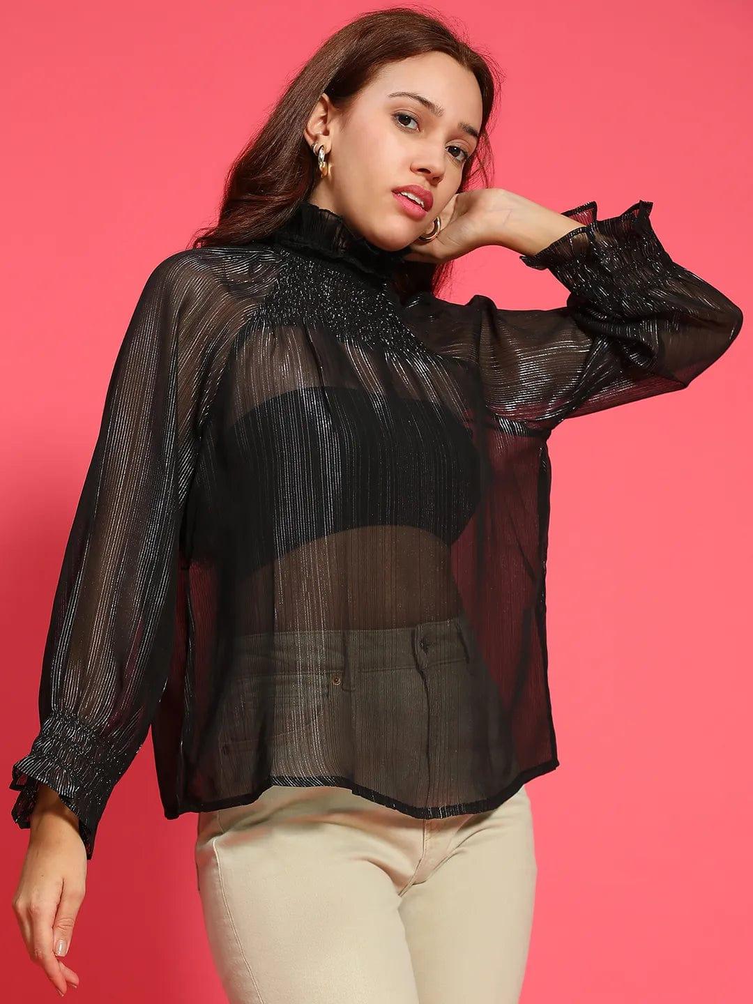 Artful Black Long Sleeve Semi Sheer Women Top