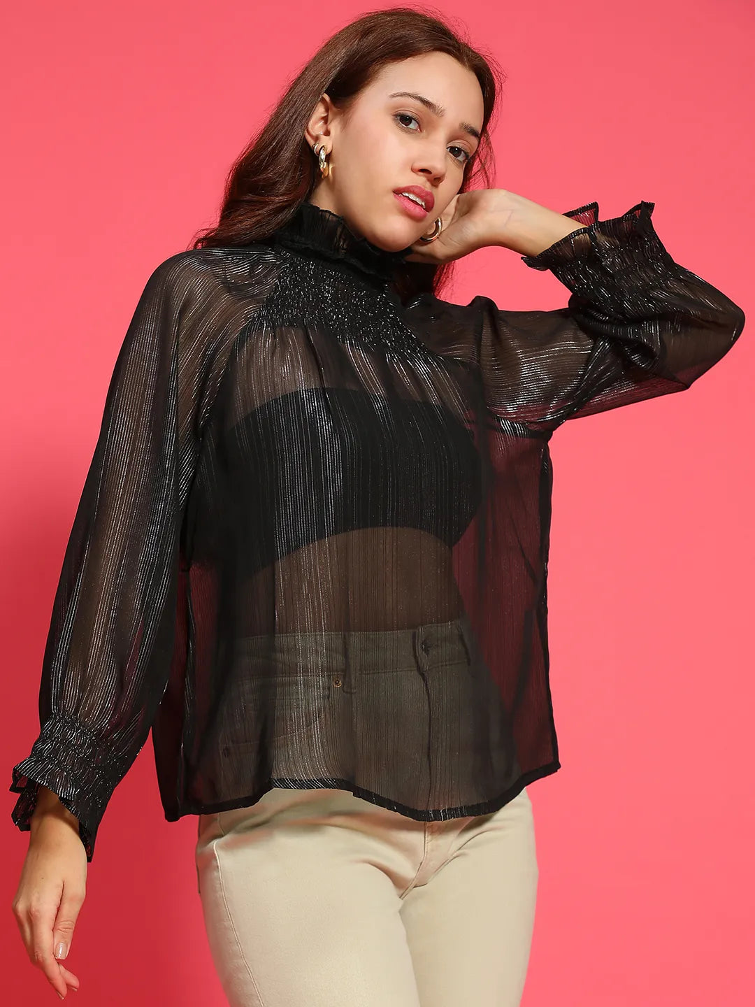 Artful Black Long Sleeve Semi Sheer Women Top