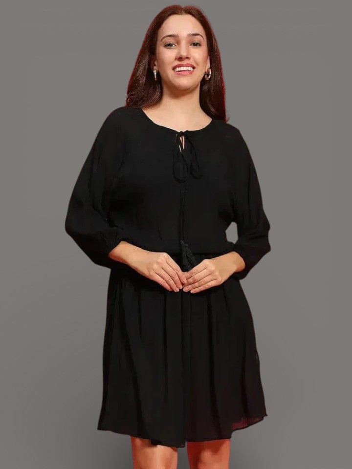 Black Casual Women Dress - Elasticated Waist Knee Length Long Sleeve Tie Knot Detail