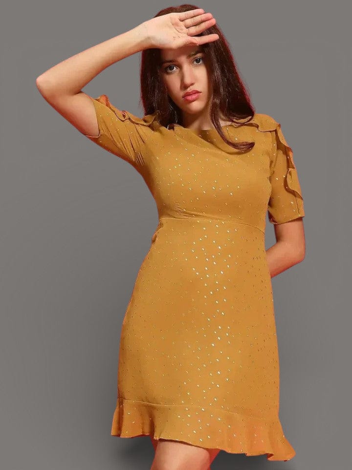 Mustard Foil Dress - Women's Party Dress With Ruffle Detail & Sparkle Print