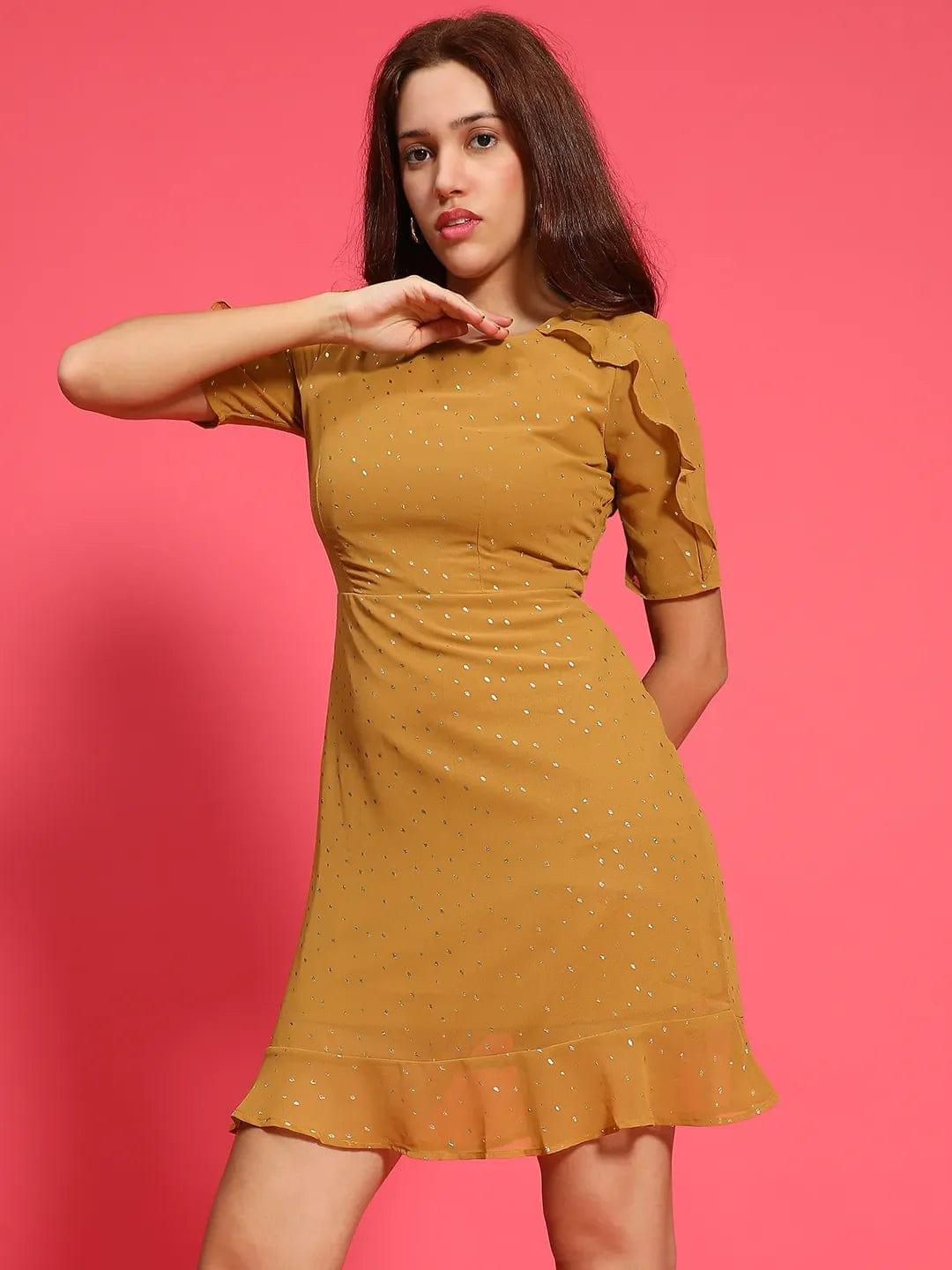 Vivid Mustard Color Ruffle Detail Foil Print Women Dress