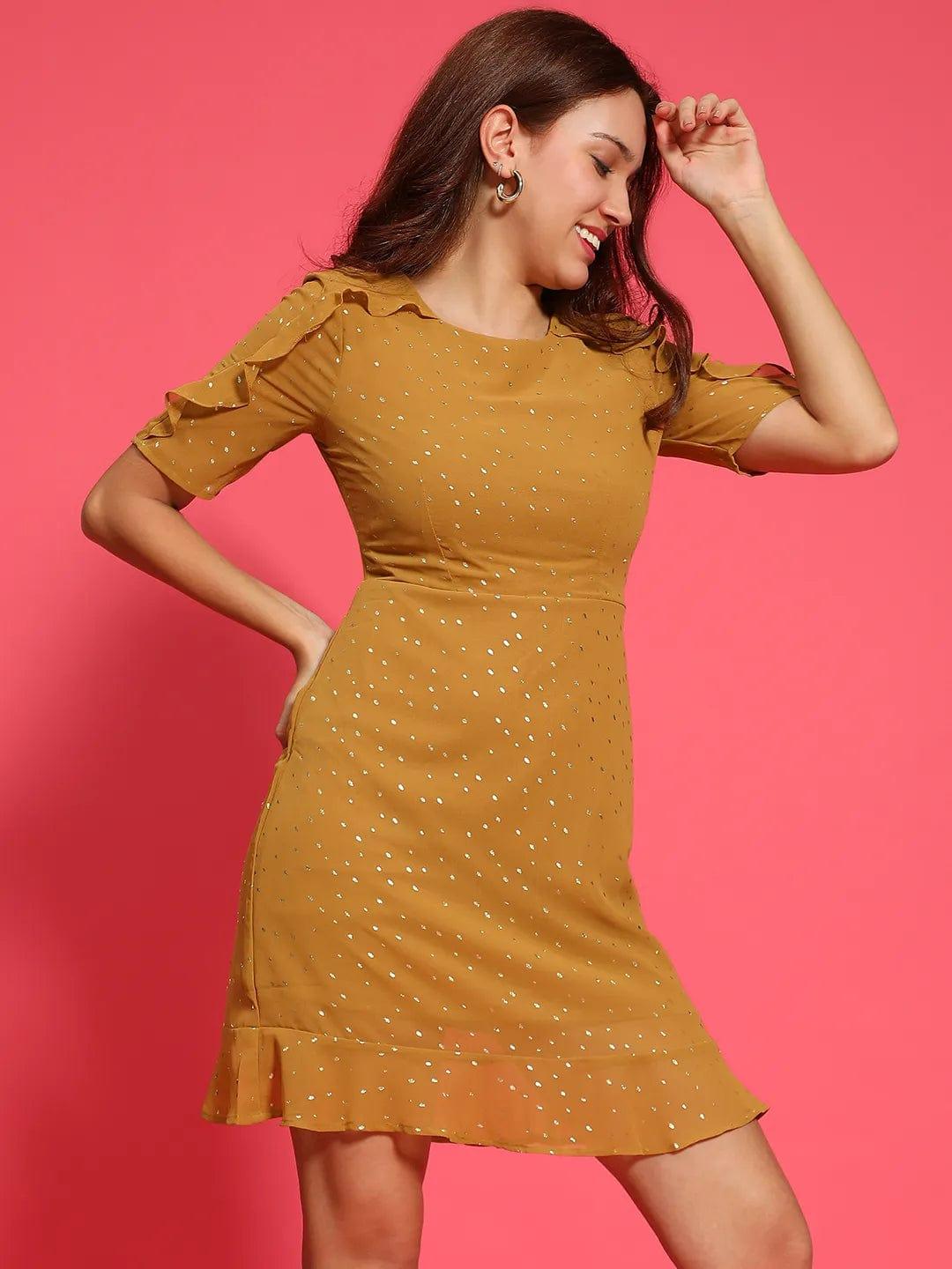 Vivid Mustard Color Ruffle Detail Foil Print Women Dress