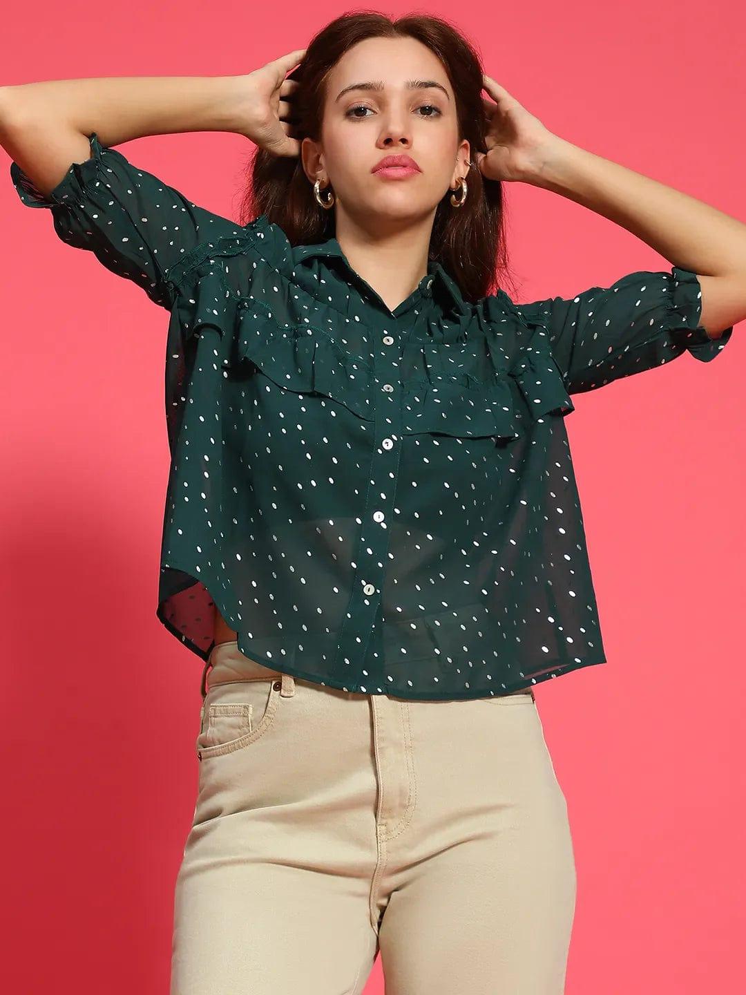 Glimmering Green Ruffle Detail Foil Print Women Party Wear Shirt