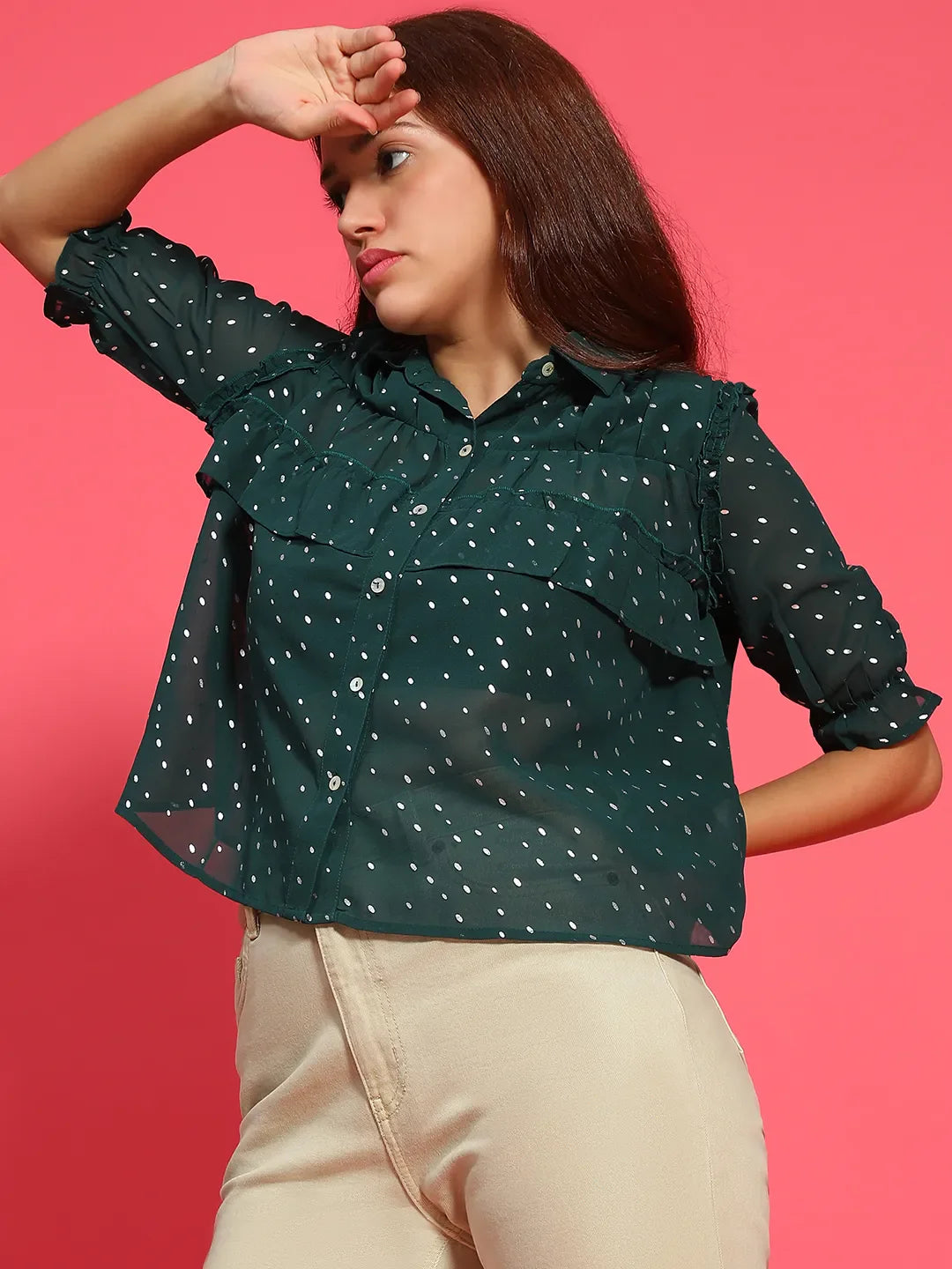 Glimmering Green Ruffle Detail Foil Print Women Party Wear Shirt