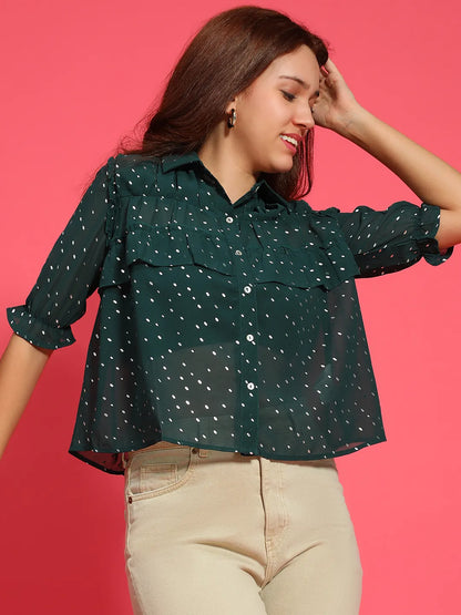 Glimmering Green Ruffle Detail Foil Print Women Party Wear Shirt