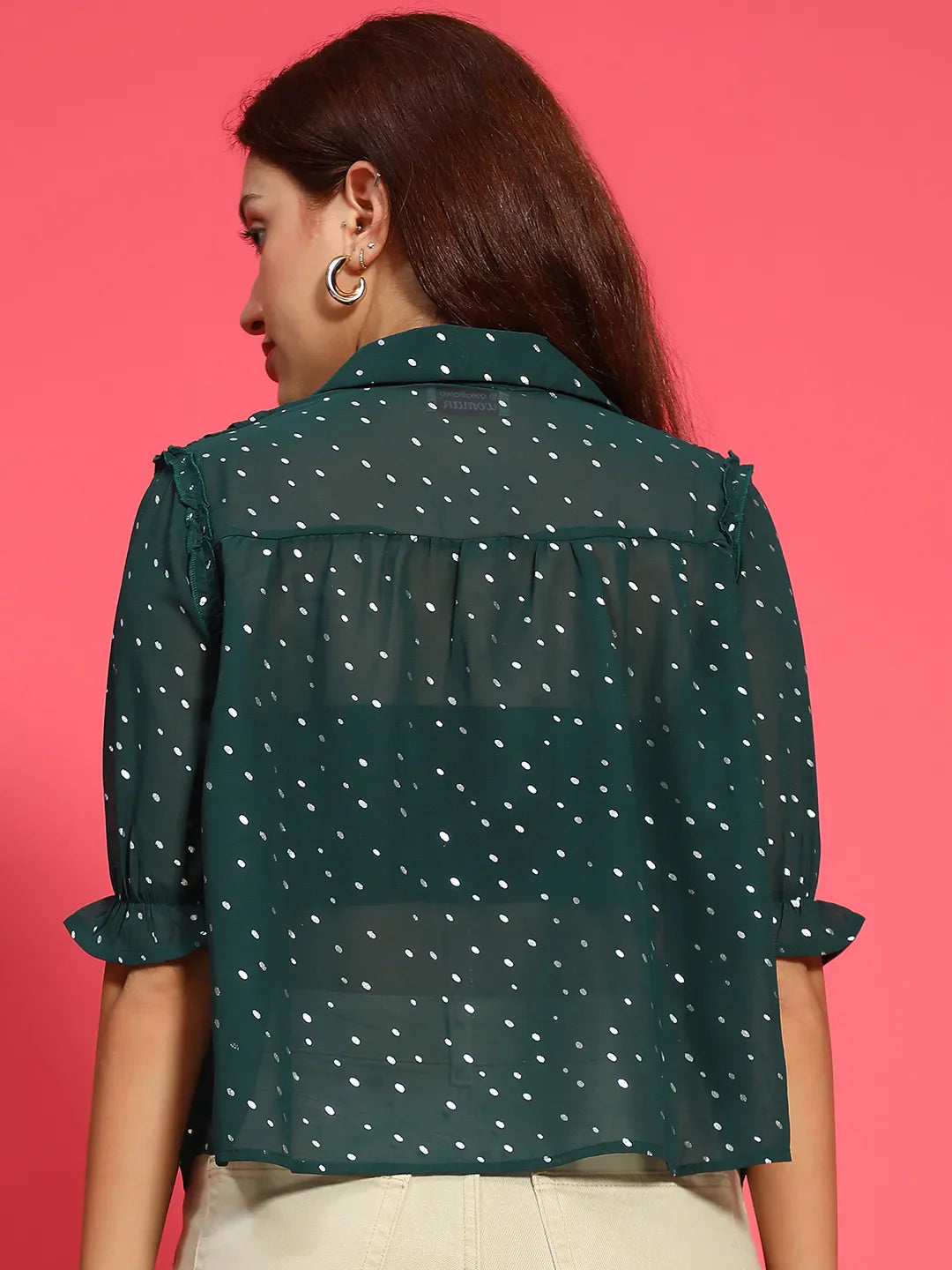 Glimmering Green Ruffle Detail Foil Print Women Party Wear Shirt