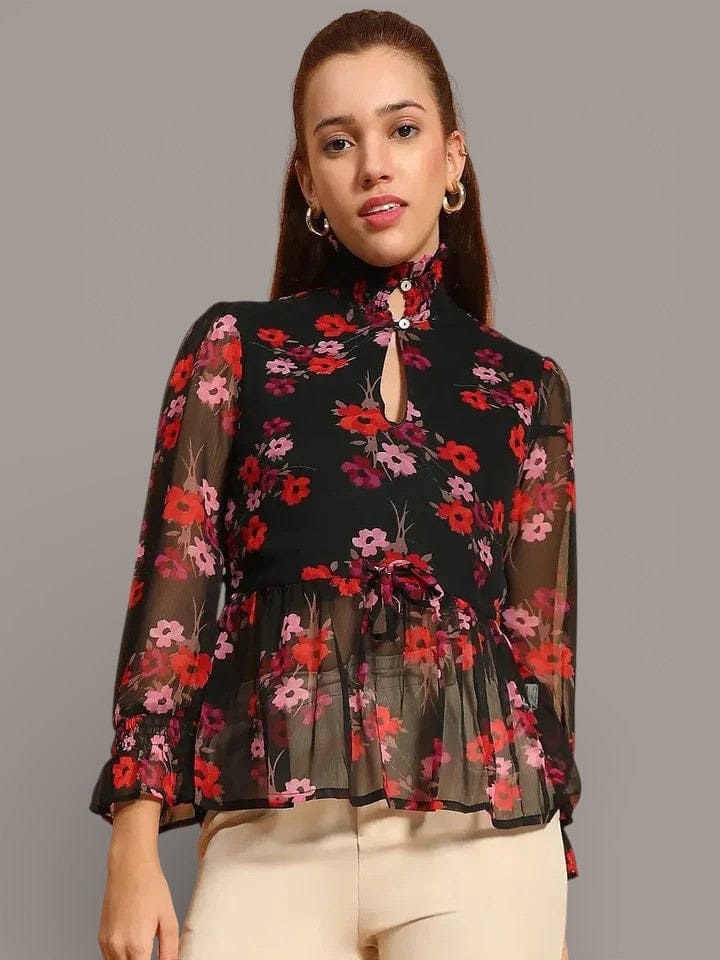 Black Floral Keyhole Top - Women's Long Sleeve Printed Crop Top, Polyester Lined
